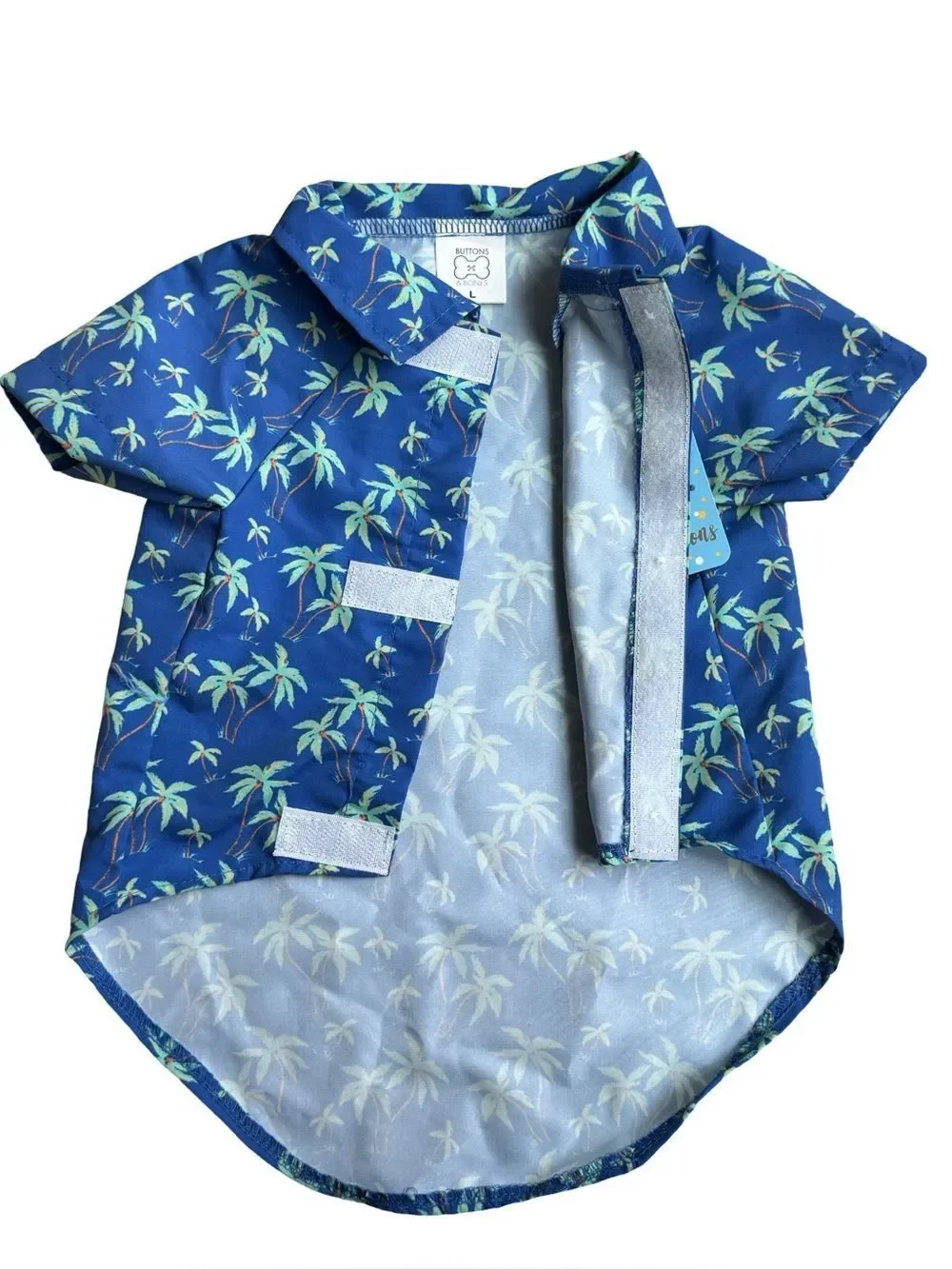 Buttons & Bones Blue Button Up & Velcro Tropical Print Dog Shirt Size L NWT